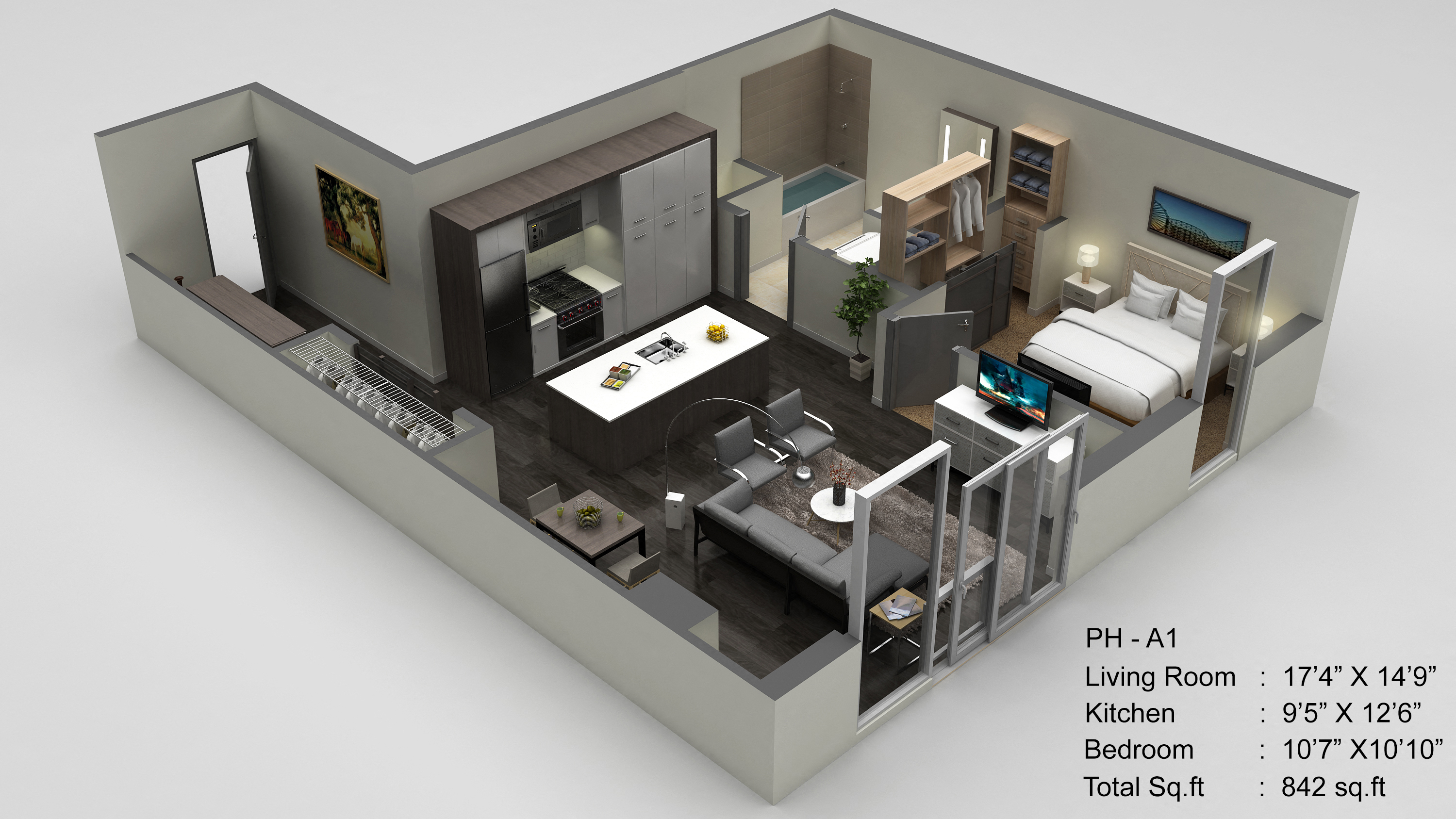 Floor plan for 1 bed, 1 bath, 842 sqft